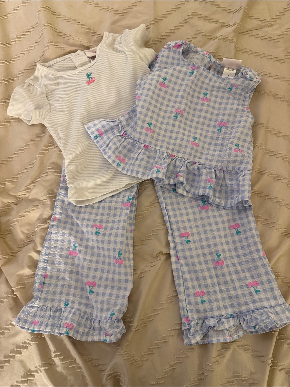 Kids Light Blue Gingham Cherry 3 Piece Set